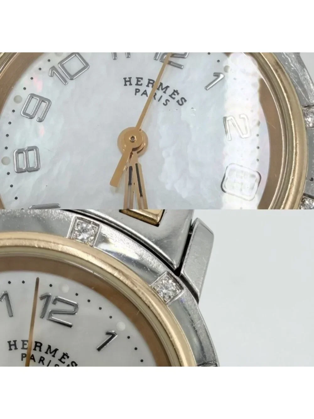 Hermes Watch Clipper Cles Motif Date Combo SS Battery Powered White Shell Dial